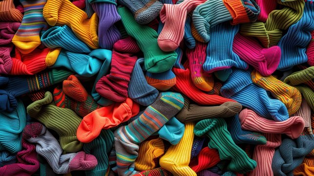 Sock pile with a variety of different colored socks.